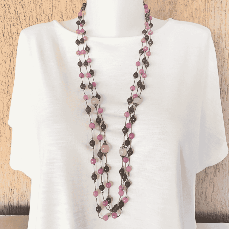 Τρίσειρο Κολιέ με Ημιπολύτιμες Πέτρες Γκρι Αχάτη, Ροζ Νεφρίτη και Ροζ Χαλαζία