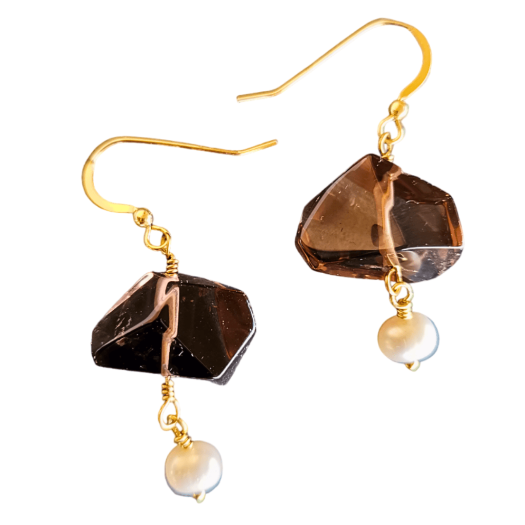 Σκουλαρίκια με Ημιπολύτιμες Πέτρες Smoky Quartz και Μαργαριτάρια