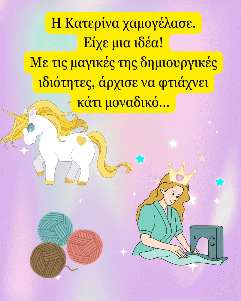 Η Κατερίνα χαμογέλασε. Είχε μια ιδέα! Με τις μαγικές της δημιουργικές ιδιότητες, άρχισε να φτιάχνει κάτι μοναδικό…